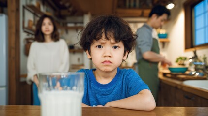Obraz premium Young boy with messy hair and sad expression sitting at kitchen table with glass of milk, in a modern home while parents prepare food in the background