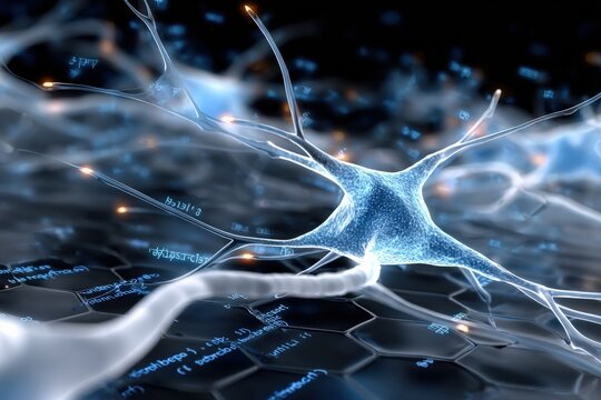 Highly detailed digital illustration of a human neuron cell with intricate network of dendrites and axons in a vibrant neural signaling environment