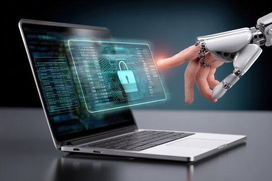 Futuristic robotic hand interacting with transparent digital security interface on laptop screen in high-tech cybersecurity environment