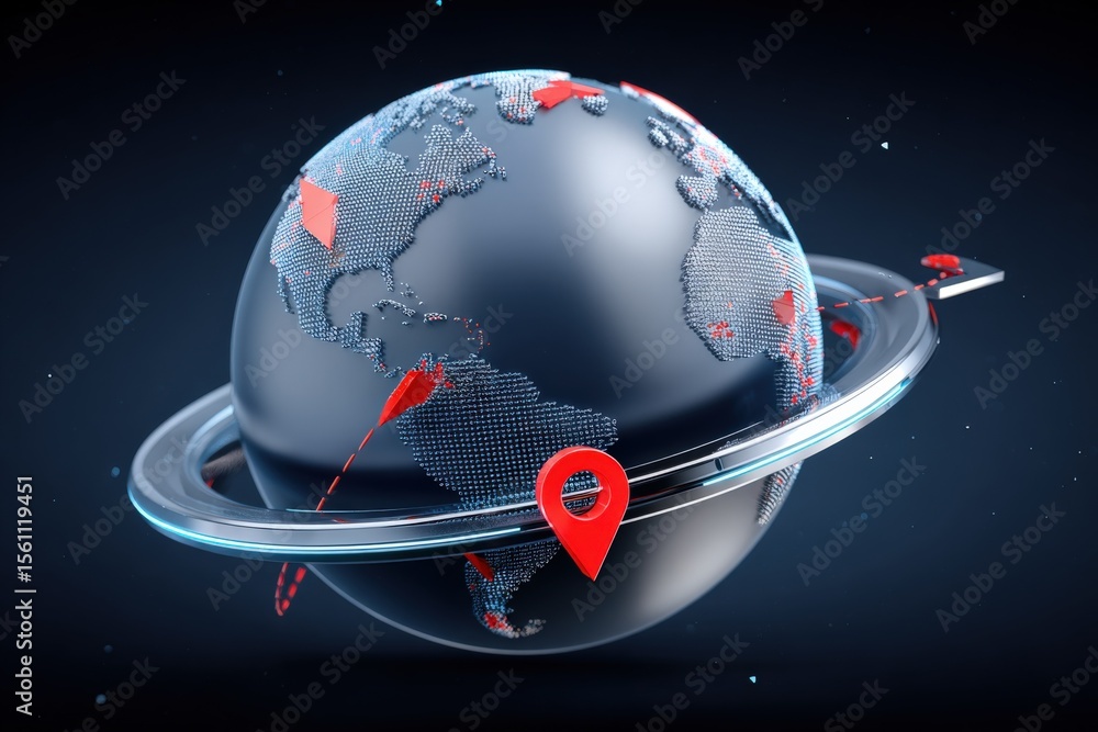 Poster Futuristic digital globe with illuminated continents and orbiting satellite representing global connectivity and space technology