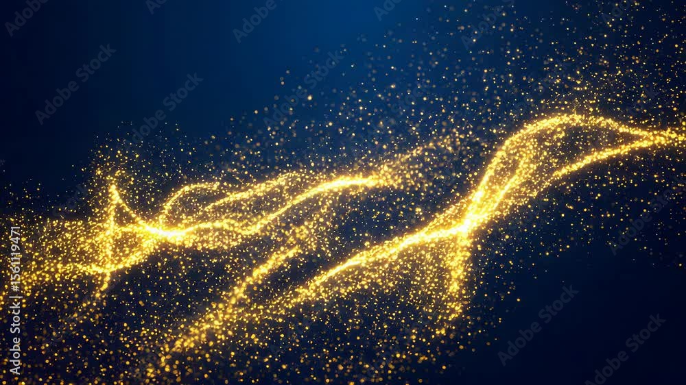 Poster golden particle stream flowing abstractly on dark blue background in elegant design