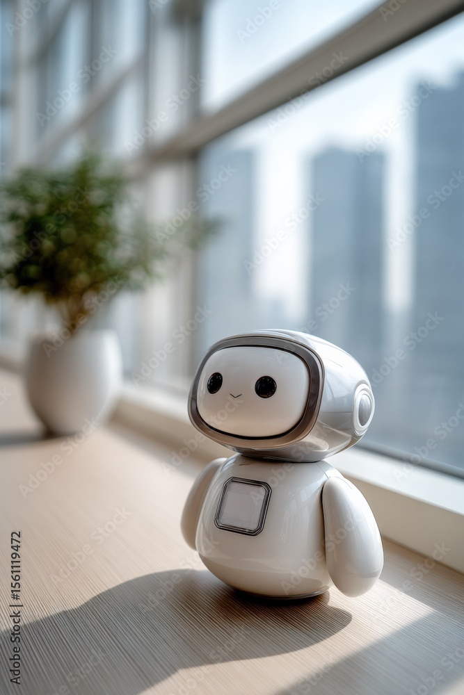 Poster small white robot with a friendly face and a digital screen on its chest, standing on a wooden table