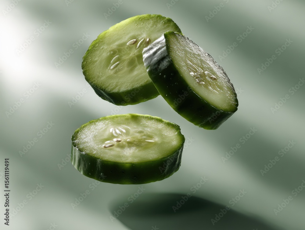 Poster Freshly cut cucumber slices floating in midair with a soft blurred background for healthy eating and vegetable snack concepts