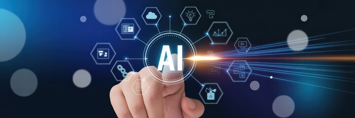 Hand touching a futuristic interface displaying artificial intelligence concepts.