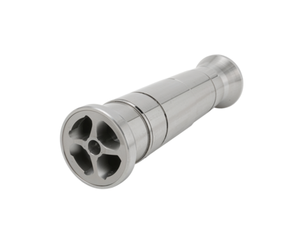 Futuristic metallic mouthpiece cannon with five openings in a sleek cylindrical design offers cutting edge technology
