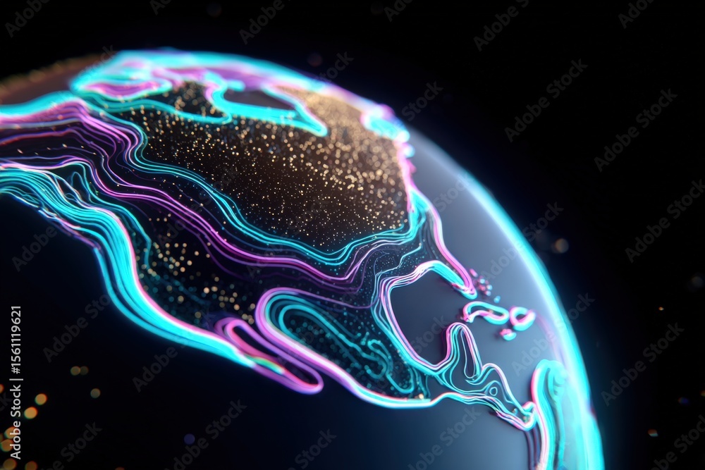 Poster Vibrant Digital Abstract Globe with Neon Light Lines and Particles in Space, representing Global Connectivity and Futuristic Technology
