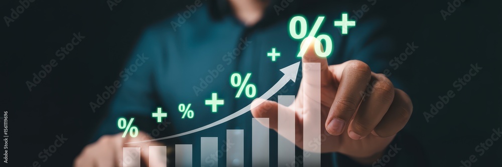 Poster a hand interacts with a growing bar graph displaying percentage increases.