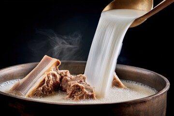 Hot traditional beef bone soup with tender meat and fresh milk pou into a rustic bowl on dark background