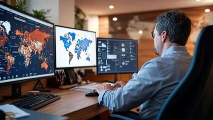 Man working on computer at desk with multiple monitors displaying world map data analysis in office - Powered by Adobe