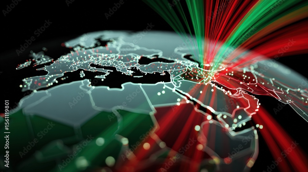 Poster Global Digital Network Connectivity Map with Data Transmission Lines and Glowing Light Effects Across Continents Europe Asia Africa and Middle East
