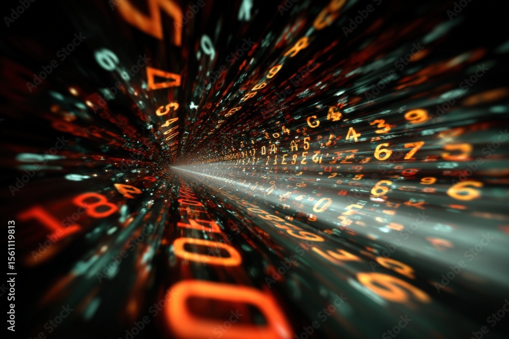 Poster High-speed digital data transmission concept with glowing numbers and binary code representing technology and information flow in a futuristic tunnel