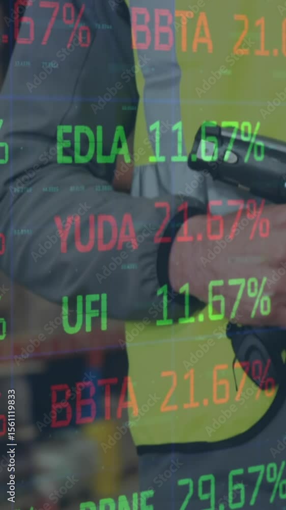 Poster animation of financial data processing over man working in warehouse