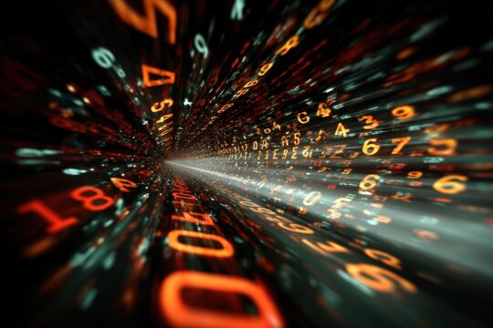 High-speed digital data transmission concept with glowing numbers and binary code representing technology and information flow in a futuristic tunnel - Powered by Adobe