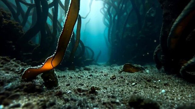 Underwater kelp forest scene showcasing a sunlit pathway through tall dark kelp stalks with sandy seafloor. The light filters creating an ethereal underwater environment