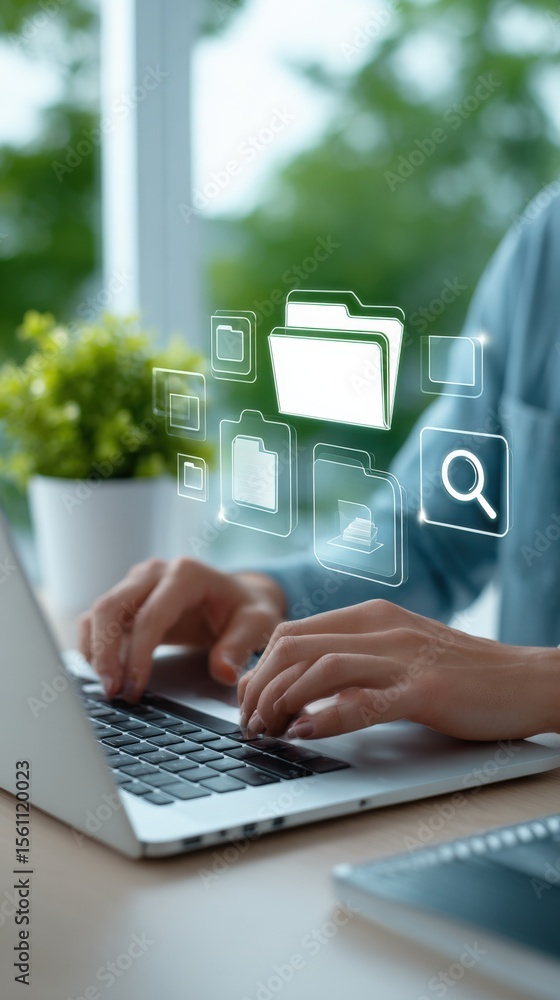 Poster Modern business professional working on a laptop with digital data file icons and search symbols in a bright office setting