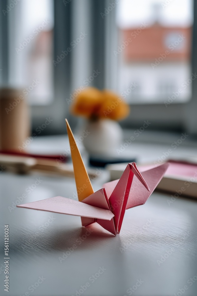 Poster elegant origami crane made from red and pink paper on a smooth surface with blurred indoor backgroun