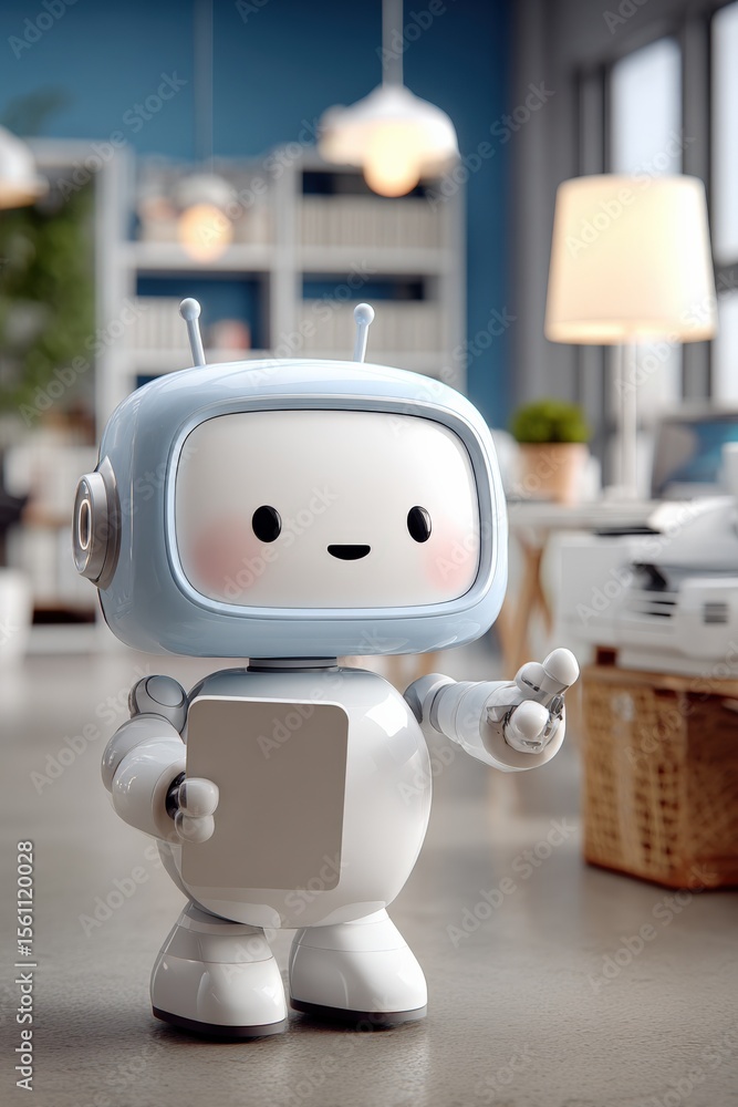 Poster adorable white robot with smiling face and round head holding a tablet in a modern living room with 