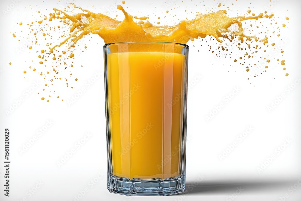 Poster refreshing cold glass of bright orange juicy fruit juice splashing high with vibrant color and clear