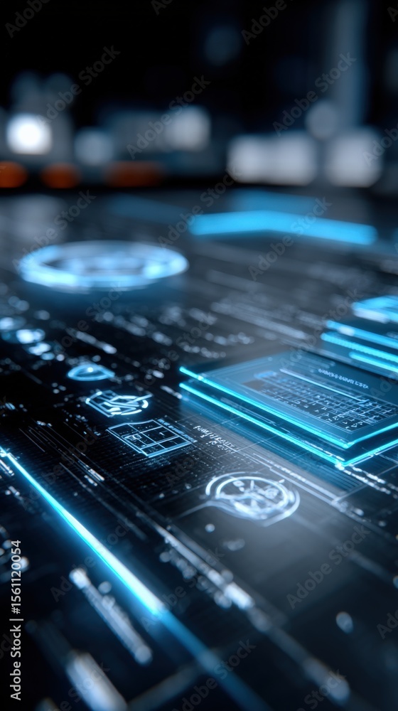 Poster Highly Detailed Futuristic Digital Interface with Glowing Blue Elements and Data Graphics for Technology and Innovation Concept