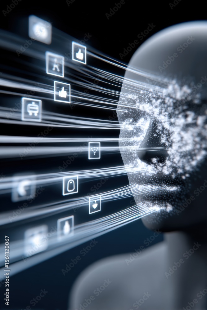 Aufkleber Futuristic digital face with network lines and floating technology icons representing artificial ligence and interconnected data systems