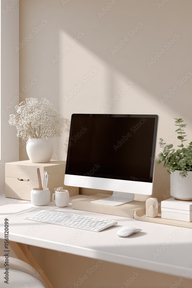 Poster modern home office workspace with desktop computer monitor keyboard mouse potted plants and decorati