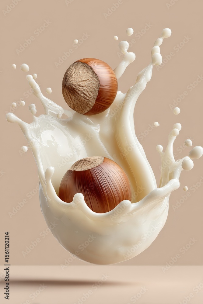 Poster artistic composition of two fresh whole hazelnuts splashing into creamy liquid with dynamic motion a