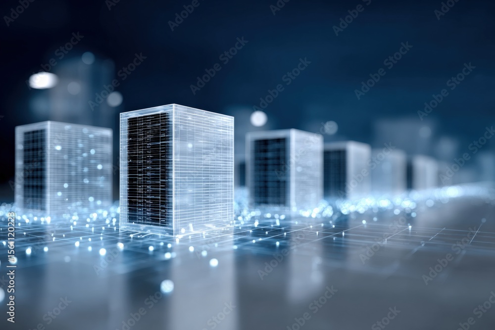 Poster futuristic cityscape with tall modern skyscrapers and digital data trails in a high tech urban envir