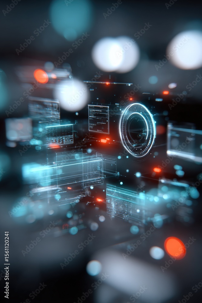 Aufkleber Futuristic digital hologram interface with glowing blue and red elements representing technology and data visualization in a dark environment
