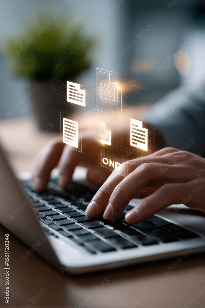 Poster Modern digital document management system with holographic icons showing files folders and data sha on laptop screen in office environment
