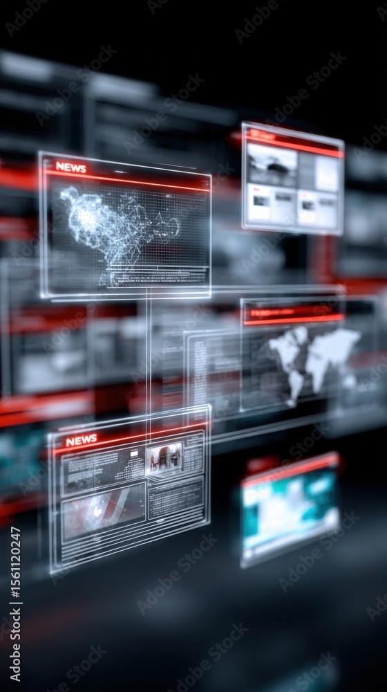 Aufkleber High-Tech Digital News Interface with Global Maps and Data Visualizations on Futuristic Computer Screen