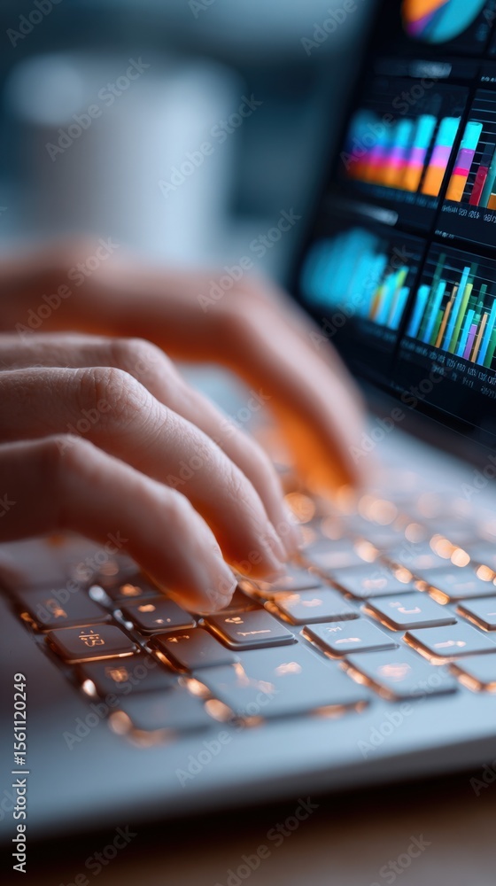 Aufkleber Detailed view of a person analyzing financial data on a laptop with colorful charts and graphs displayed on the screen for business and investment insights