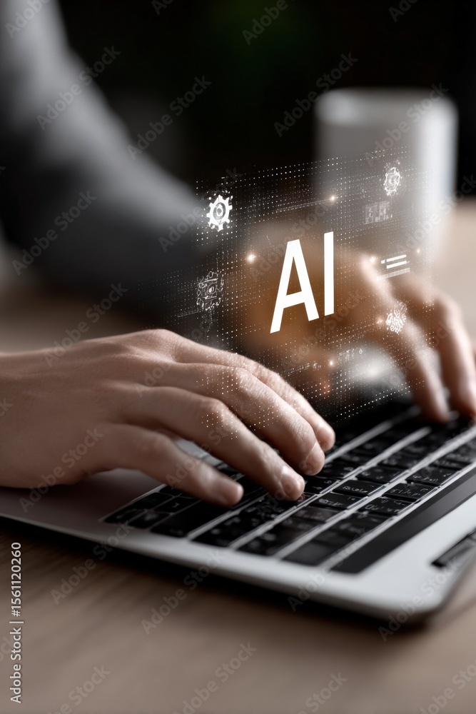 Aufkleber Modern technology concept of artificial ligence AI showing digital hologram interface on person typing on laptop in a well-lit workspace