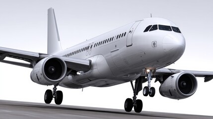 Fototapeta premium Modern commercial airplane aircraft with wide fuselage large turbofan engines and extended wings on runway landscape