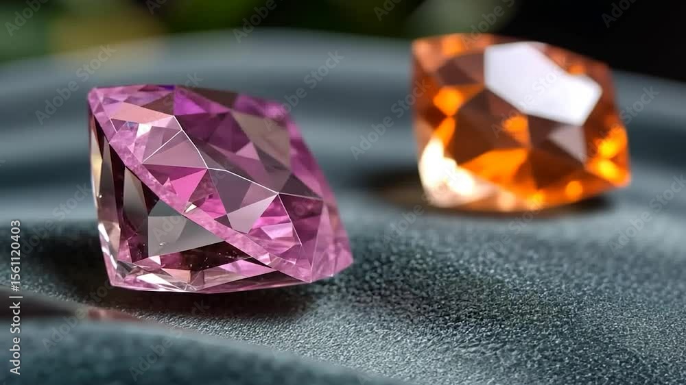 Poster close-up of two faceted gemstones displaying vibrant pink and orange hues resting on a textured dark