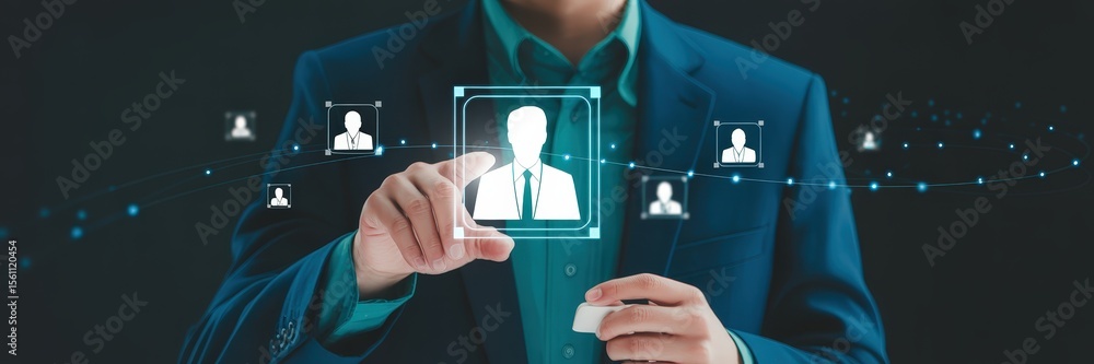 Poster a person interacting with a digital profile interface.