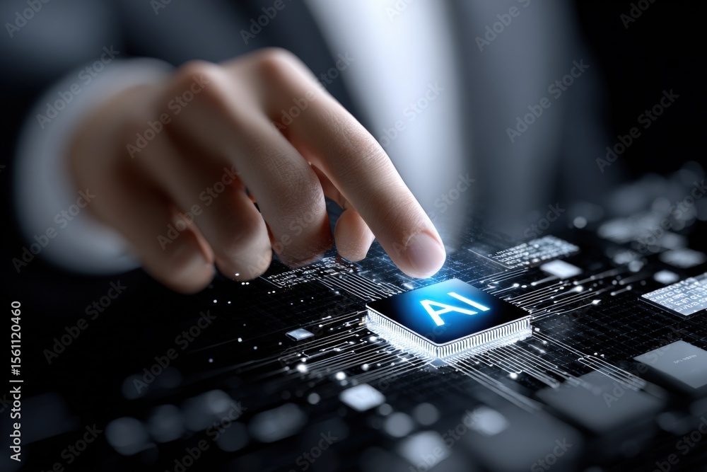 Poster close-up of a person's hand pressing a bright blue ai button on a futuristic digital circuit board w