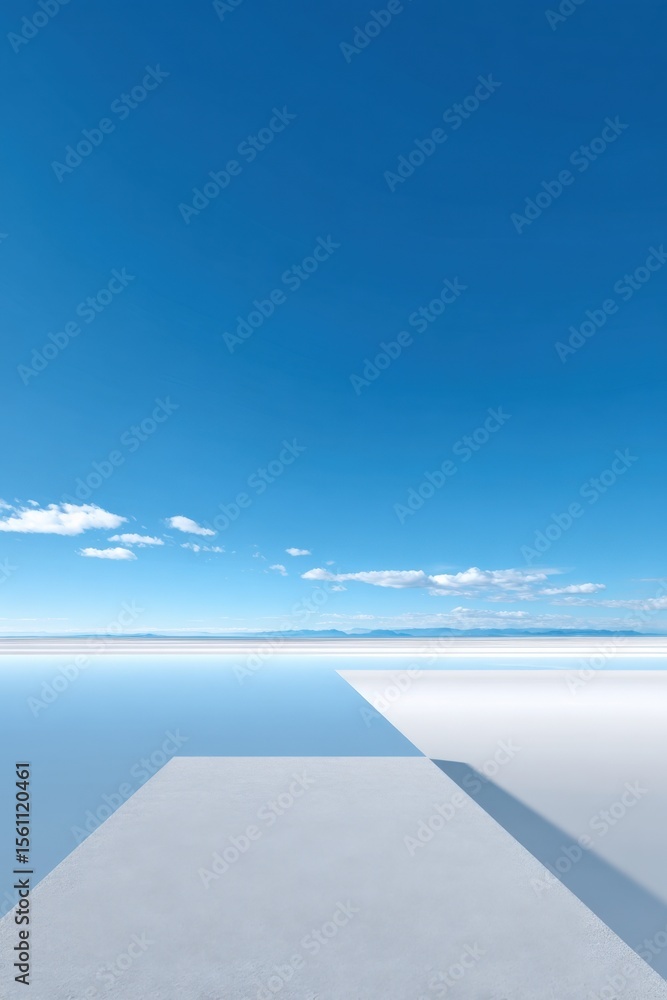 Poster minimalist modern concrete pathway extending over a vast white salt flat under a clear blue sky with