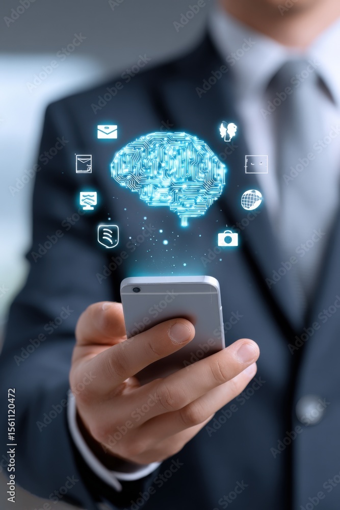 Poster businessman in formal suit holding smartphone with digital brain and ai icons representing artificia