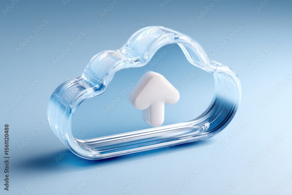 Aufkleber Transparent cloud-shaped container with a white upward arrow inside representing data upload or cloud storage concept on a blue background