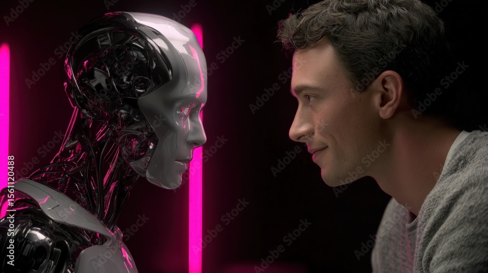 Poster close-up of a smiling young man facing a futuristic robot with neon pink lighting background and cyb