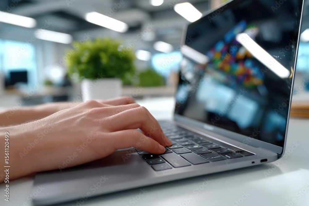 Poster close-up of a person's hand typing on a modern slim laptop keyboard with a colorful screen in a brig