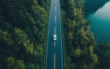 Aerial view of car driving on road surrounded by green trees and blue water