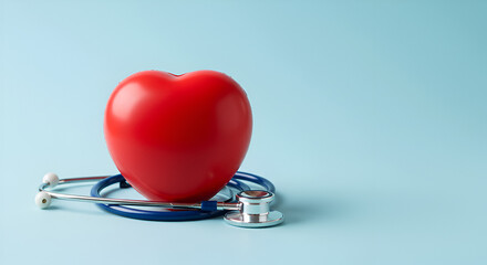Heart health concept with stethoscope and red heart shape symbol on blue background