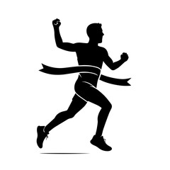 Runner breaking through finish line ribbon icon on transparent background representing race victory and achievement
