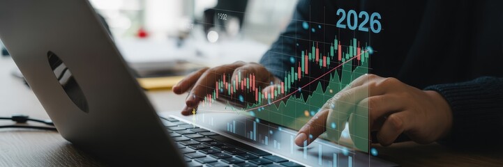 Hands working on a laptop with 2026 financial data overlay.