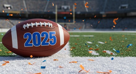 Close-Up of Football Marked 2025 on Green Field