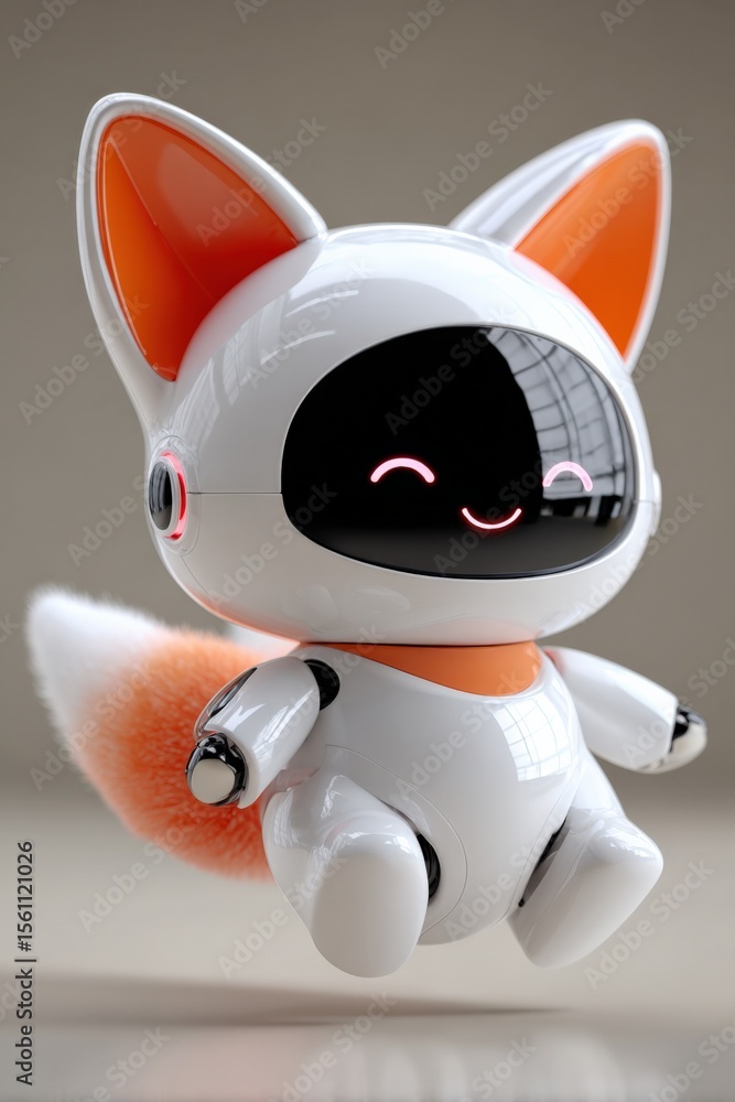 Poster adorable futuristic robotic cat toy with fluffy tail and expressive digital face for playful interac