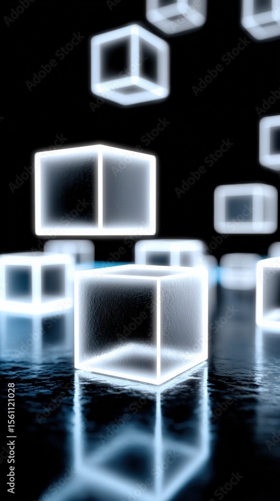 Poster Futuristic digital art featu illuminated glowing holographic 3D cubes floating in a dark space with reflective surfaces and dynamic light effects