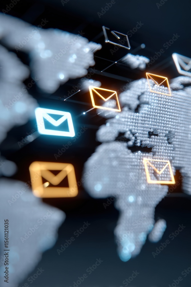 Aufkleber Global Digital World Map with Email and Communication Icons Highlighting International Connectivity and Data Exchange in Modern Networks
