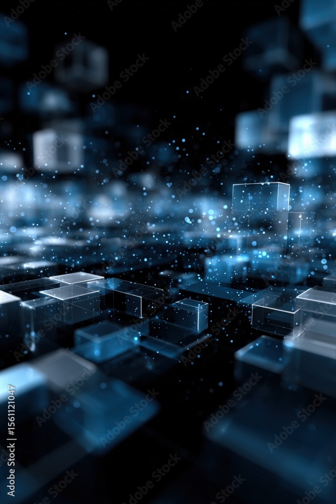 Poster Abstract digital technology background featu glowing blue 3D cubes with particles and futuristic elements for tech innovation and data visualization